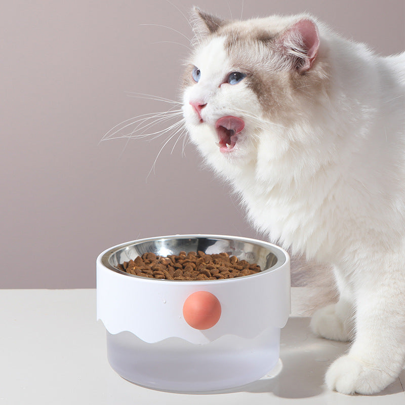 Cat next to a stainless steel pet bowl filled with kibble, demonstrating a durable and hygienic feeding solution.