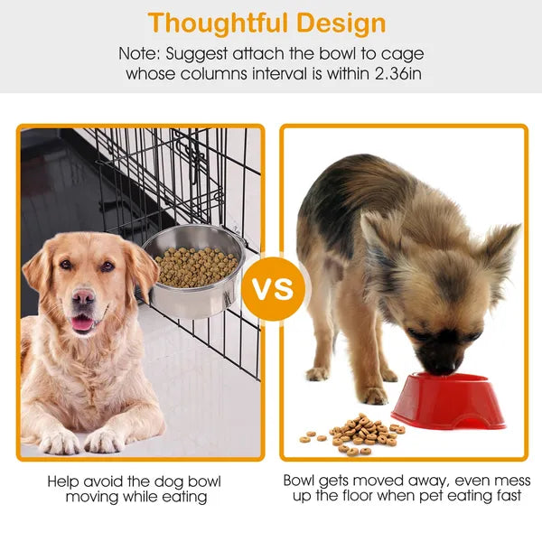 Stainless Steel Dog Bowl comparison showing easy attachment to cage vs. regular bowl that moves while dog eats.