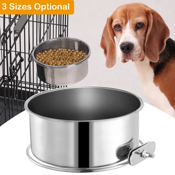 Stainless Steel Dog Bowl attached to a cage with dog nearby, mess-free feeding solution for pets.