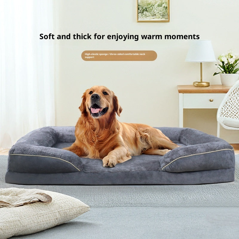 Golden retriever lounging on a soft gray Detachable All-Season Pet Bed Mat in a cozy home setting.