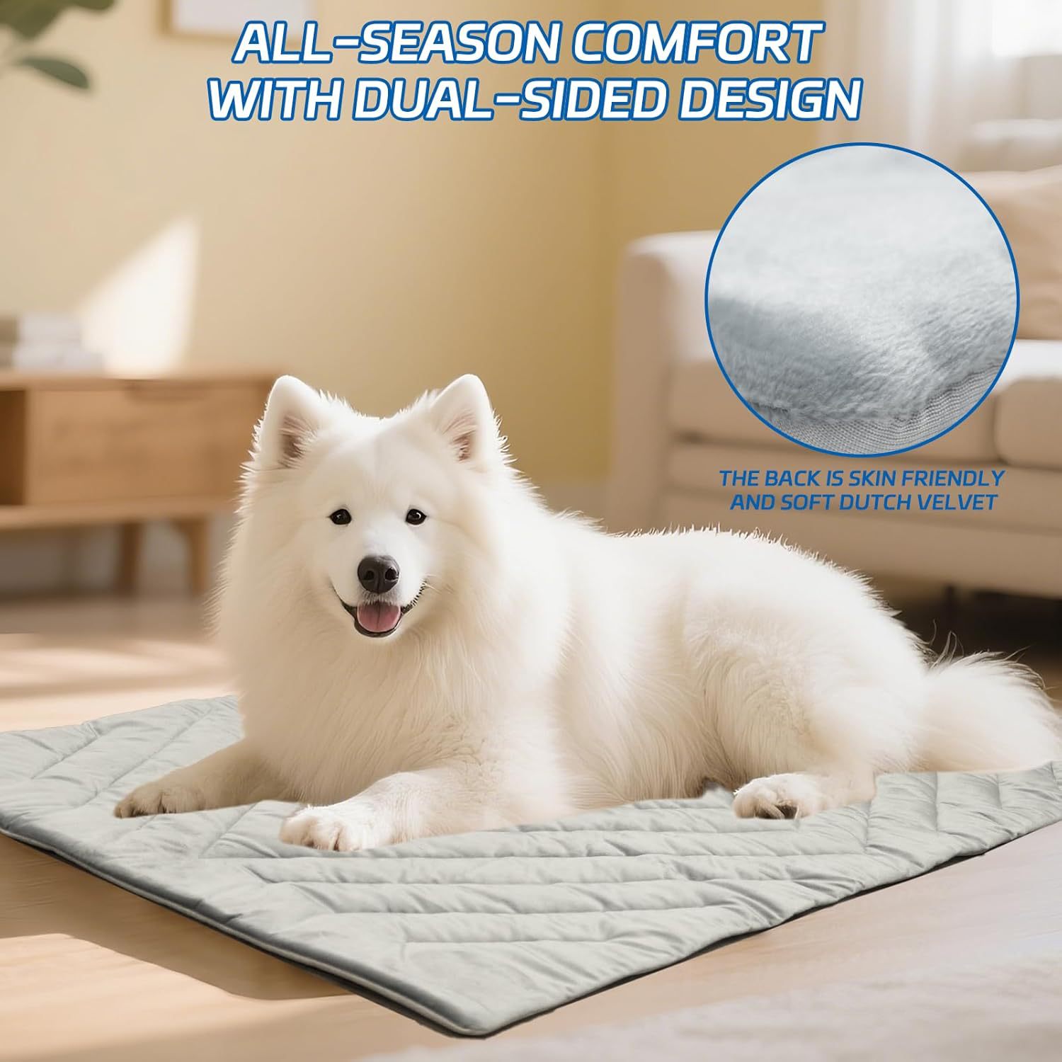 Pet Cooling Mat featuring soft dutch velvet and a dual-sided design for all-season comfort for dogs.